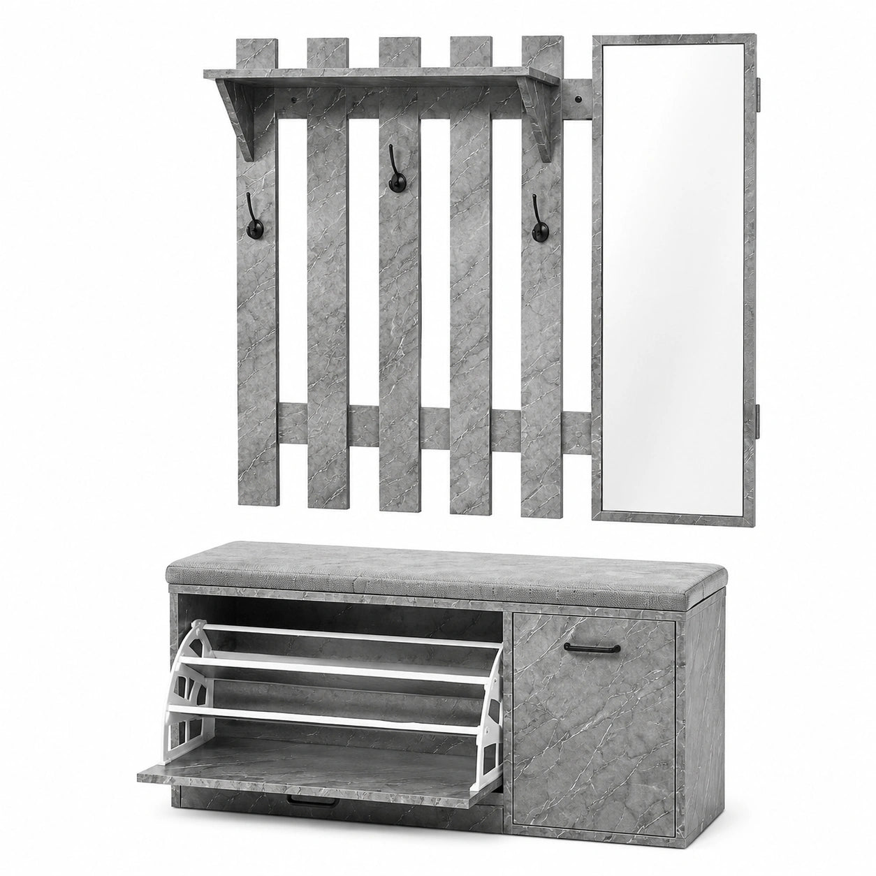 Set Ingresso Salvaspazio con Scarpiera, Appendiabiti e Specchio, Struttura Resistente in Grigio