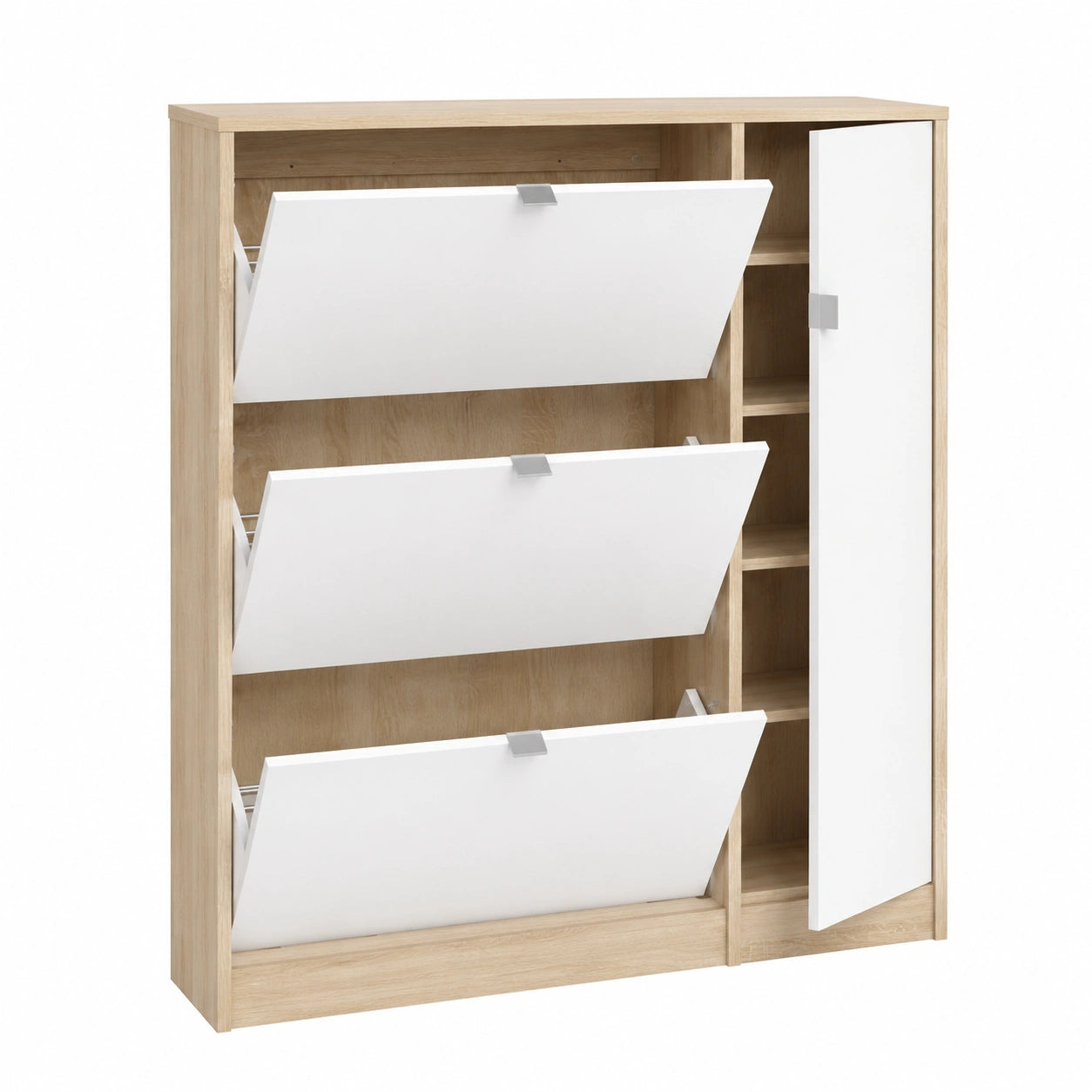 Scarpiera Salvaspazio con Ante Ribaltabili e Mobile Laterale, Design Moderno, Rovere e Bianco Lucido