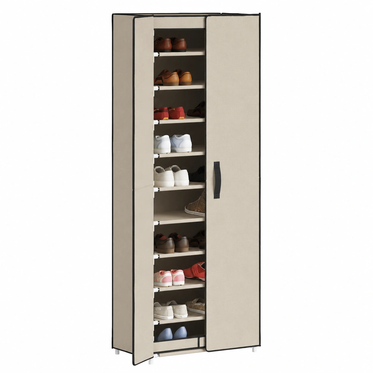 Scarpiera salvaspazio in tessuto, crema, 10 ripiani con ante, 60x30x166 cm, struttura robusta per ingresso e corridoio