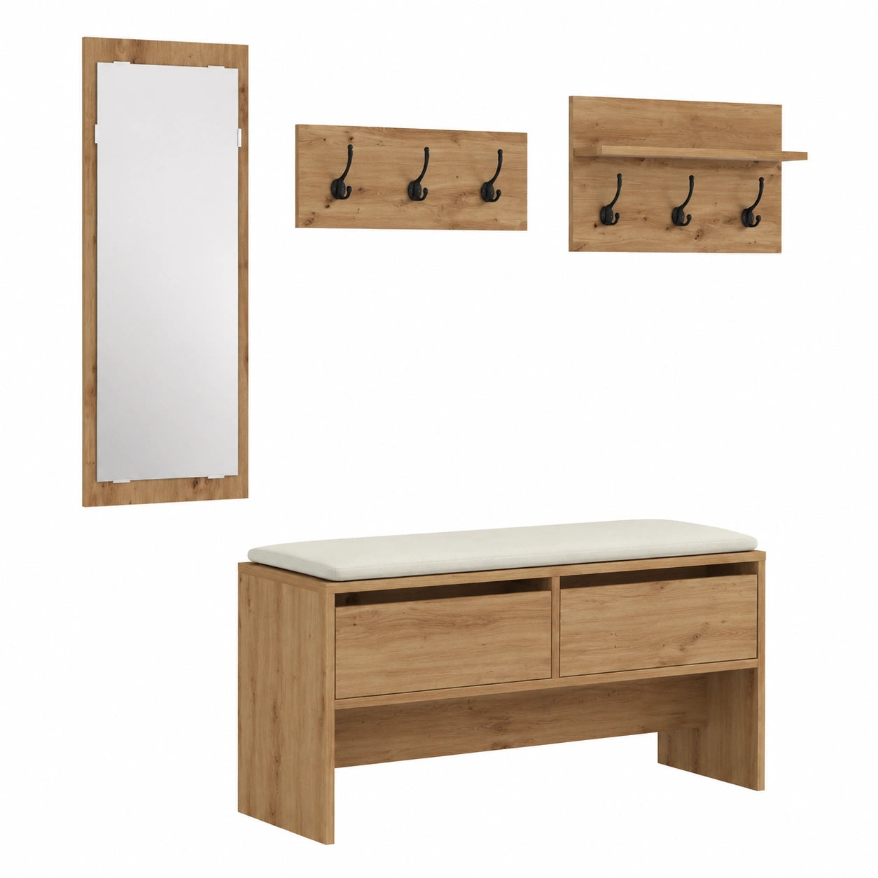 Set di arredo ingresso artigianale in rovere: panca con cassetti, specchio acrilico e appendiabiti, 4 pezzi