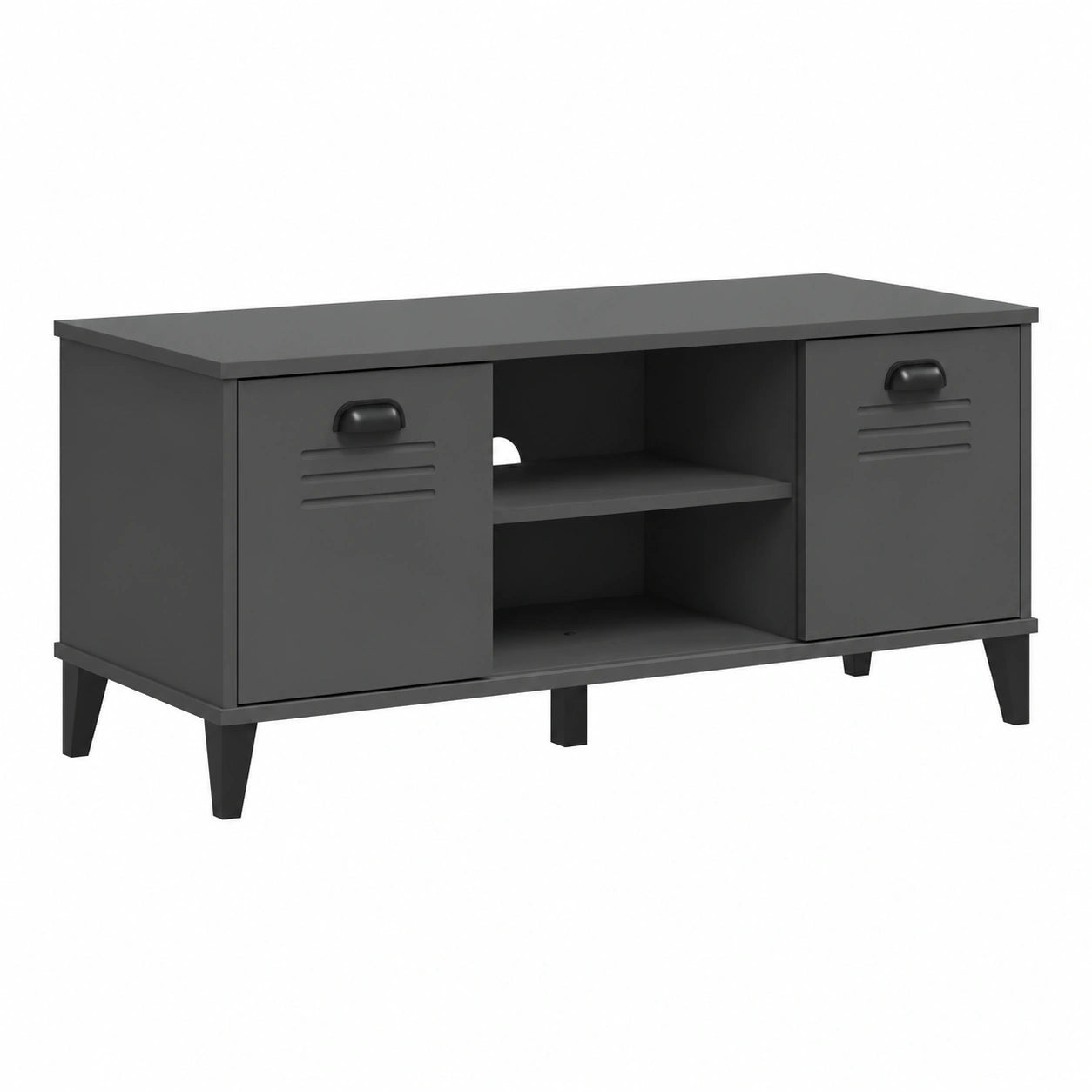 Panca scarpiera moderna in legno antracite con seduta imbottita, 2 ante e vani aperti, 106x35x45 cm, ideale per ingresso e camera da letto