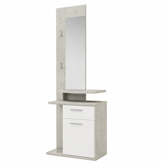 Armadio da Ingresso con Specchio e Mensole, Bianco e Grigio Cemento, 60.5x186x28 cm