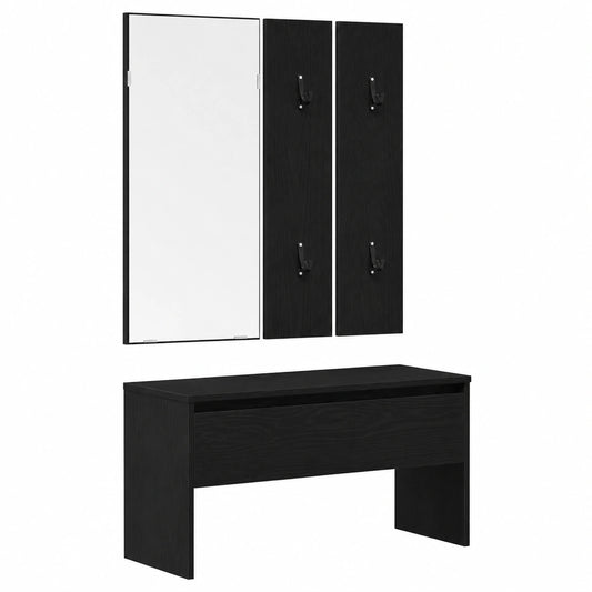Set mobili ingresso 4 pezzi in legno nero con specchio e panca
