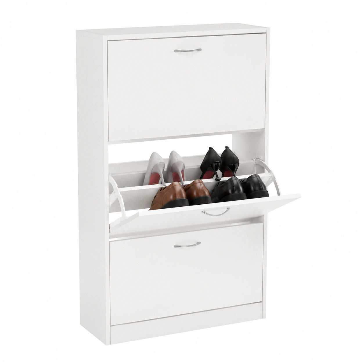 Scarpiera Slim a Ribalta in Melammina con 3 Ante, MDF, Bianco, 63x24x120 cm