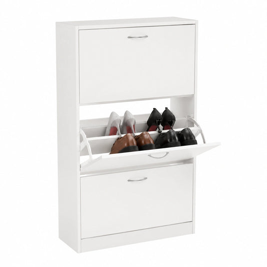 Scarpiera Slim a Ribalta in Melammina con 3 Ante, MDF, Bianco, 63x24x120 cm