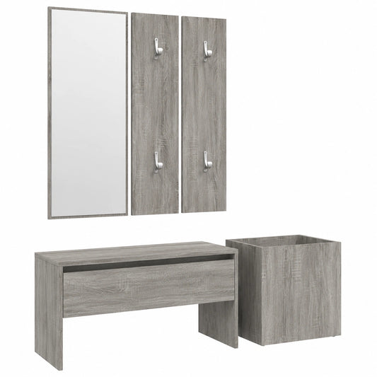 Set ingresso moderno in legno Sonoma con panca, specchio, appendiabiti e fioriera