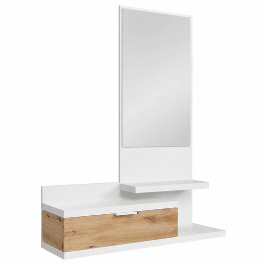 Mobile da Ingresso con Cassetto e Specchio Bianco e Rovere 116x81x29 cm