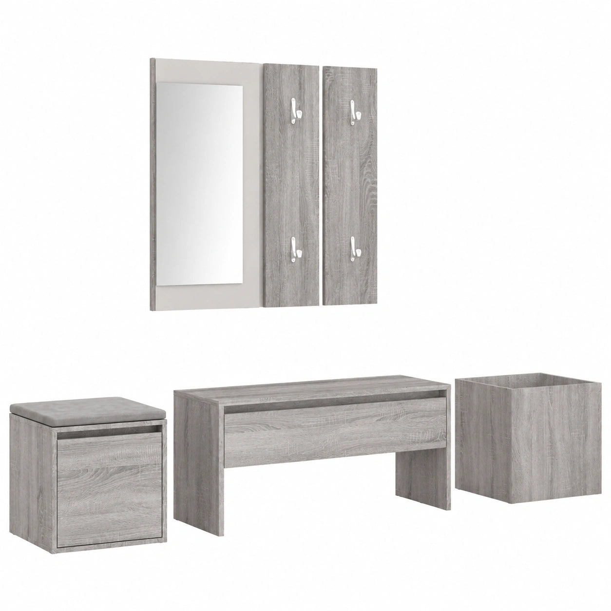 Set corridoio grigio con specchio, panca, portaoggetti e appendiabiti