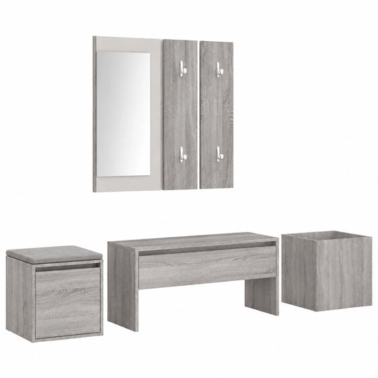 Set corridoio grigio con specchio, panca, portaoggetti e appendiabiti