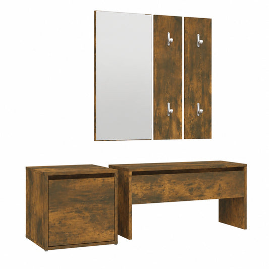 Set ingresso in legno rovere affumicato con specchio, panca con cassetto, appendiabiti e contenitore, 5 pezzi