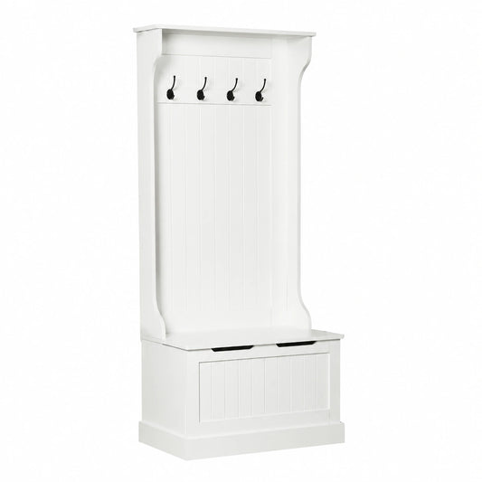 HOMCOM Appendiabiti Salvaspazio con Panca e Scarpiera, 4 Ganci, MDF, Bianco, 71.5x39.5x170 cm