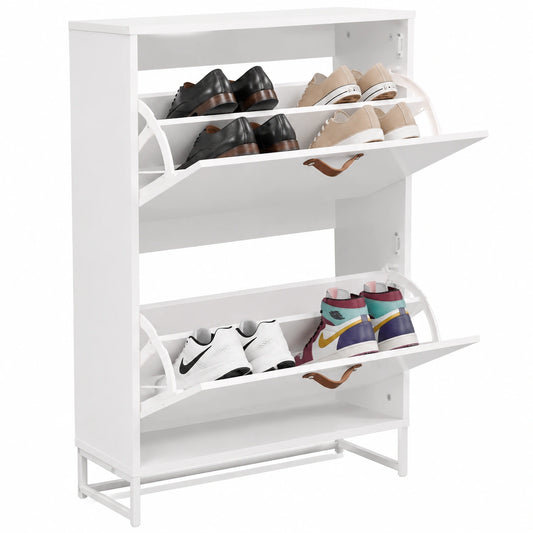 Scarpiera Salvaspazio 2 Ante Ribaltabili, Mobile Bianco con Dettagli in Pelle Sintetica, Perfetto per Casa