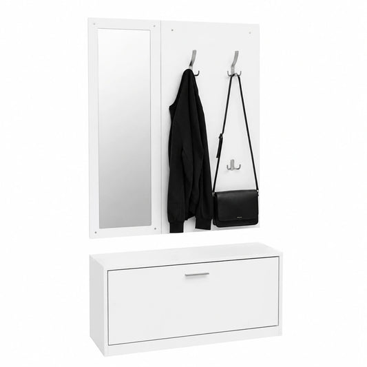 Set Ingresso Salvaspazio con Scarpiera, Appendiabiti e Specchio, 3 Pezzi, Bianco