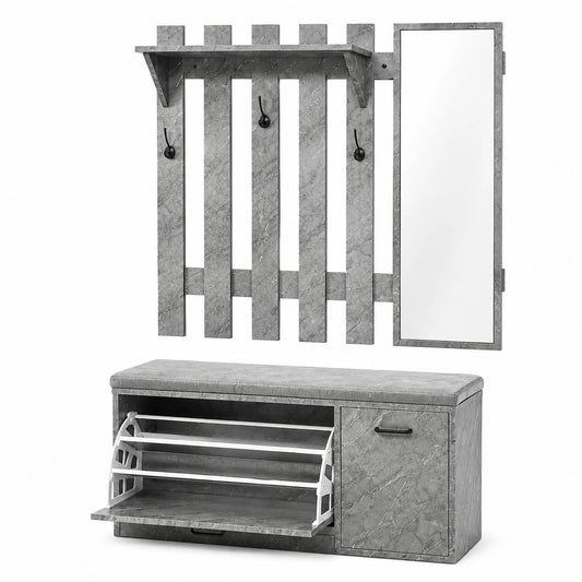 Set Ingresso Salvaspazio con Scarpiera, Appendiabiti e Specchio, Struttura Resistente in Grigio