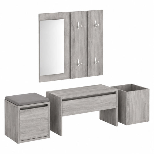 Set di Arredi per Ingresso con Specchio, Panca, Appendiabiti e Contenitore in Legno Grigio Sonoma