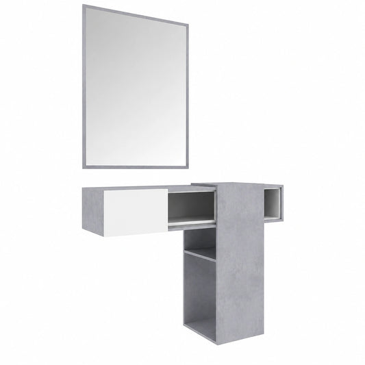 Mobile Danzica: Mensola Sospesa con Specchio e Ripiani Scorrevoli, 100x31.5x75cm, Bianco e Cemento