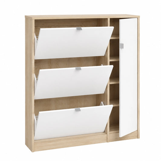 Scarpiera Salvaspazio con Ante Ribaltabili e Mobile Laterale, Design Moderno, Rovere e Bianco Lucido