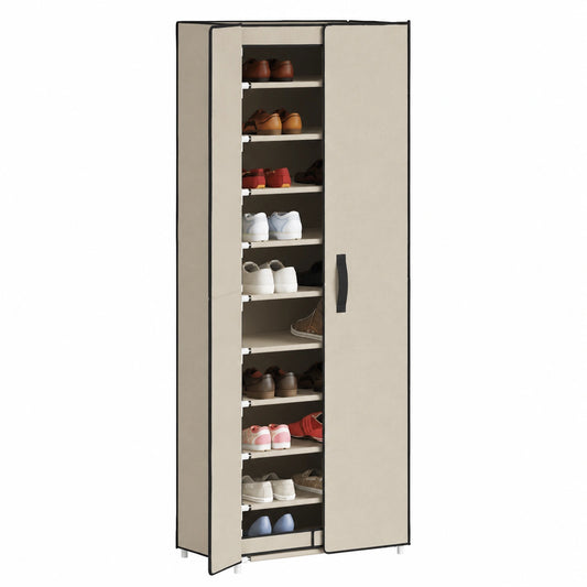 Scarpiera salvaspazio in tessuto, crema, 10 ripiani con ante, 60x30x166 cm, struttura robusta per ingresso e corridoio
