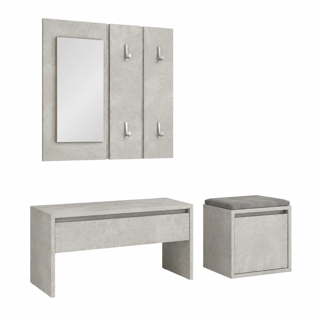 Tidyard Set Ingresso Moderno con Specchio e Panca, Appendiabiti e Contenitore, Grigio Cemento