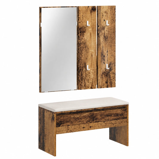 Set da Ingresso Vintage in Legno, Panca con Cassetto, Specchio e Appendiabiti, 80 cm, 110 kg