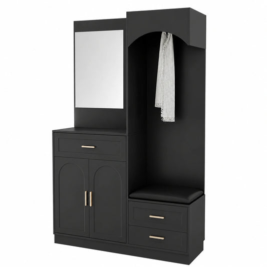 Armadio Moderno Nero con Specchio e Panca, 110x33x185,5 cm