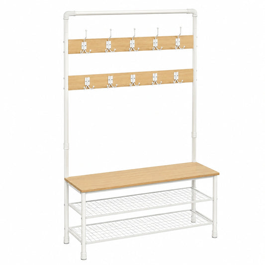 Mobile Ingresso con Panca, Appendiabiti e Scarpiera, 9 Ganci, Rovere e Bianco, 41,5 x 100 x 182cm